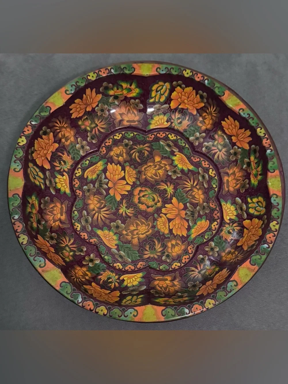 Vintage 1971 Daher Scalloped Metal Bowl, Autumn Floral Pattern